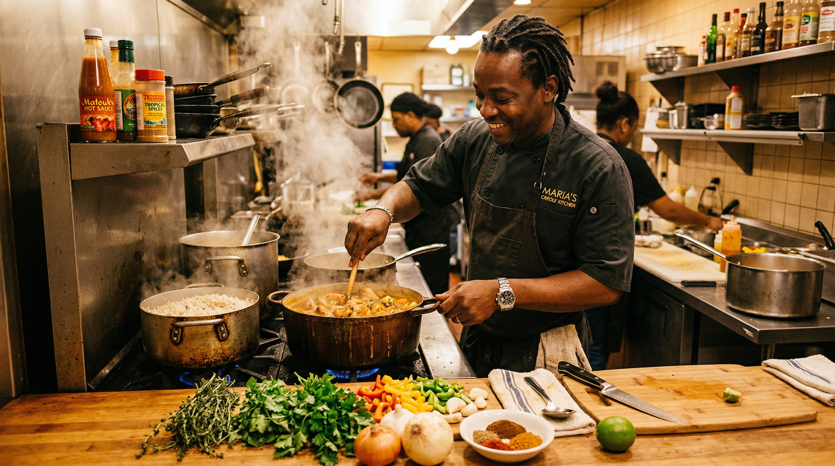 Our kitchen team preparing fresh Creole dishes